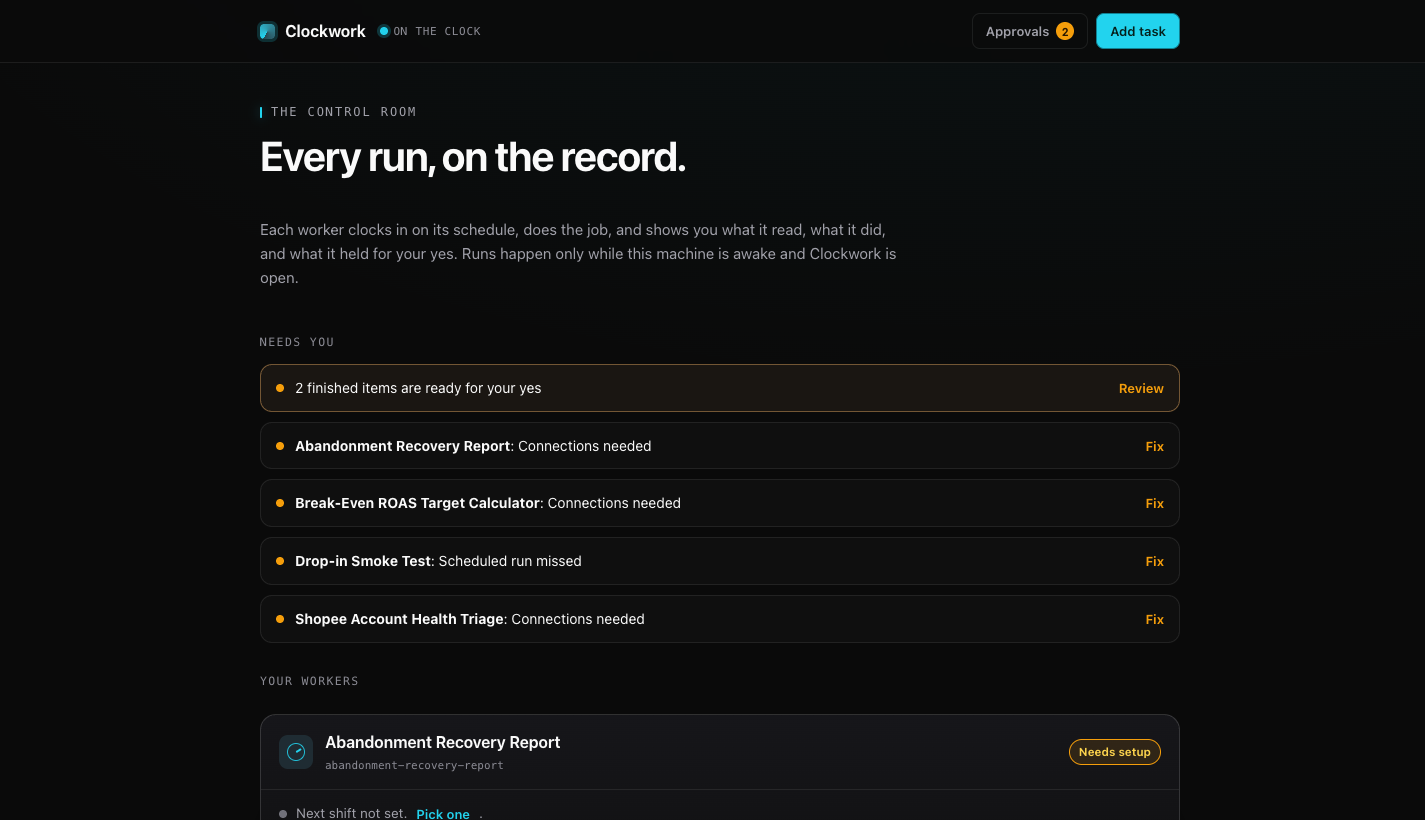 Clockwork Control Room dashboard showing items waiting for your yes, your workers, setup and schedule